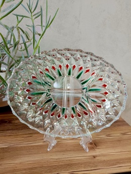 Szklana patera z kolorowym wzorem – stylowa ozdoba w klimacie PRL